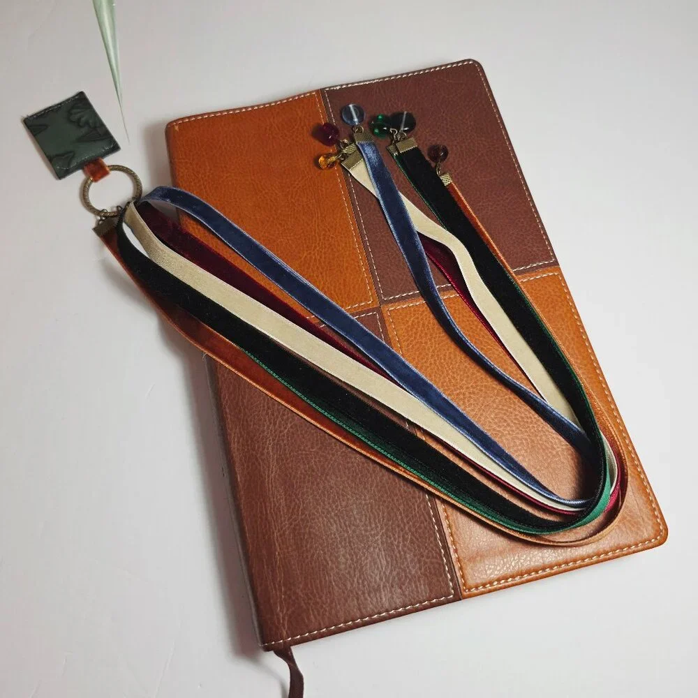 Handmade Velvet Bible Bookmark with Glass Beads & Embossed Leather Tab
